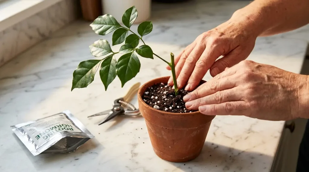 China doll plant stem cutting with glossy leaflets being planted in a small pot with moist potting mix