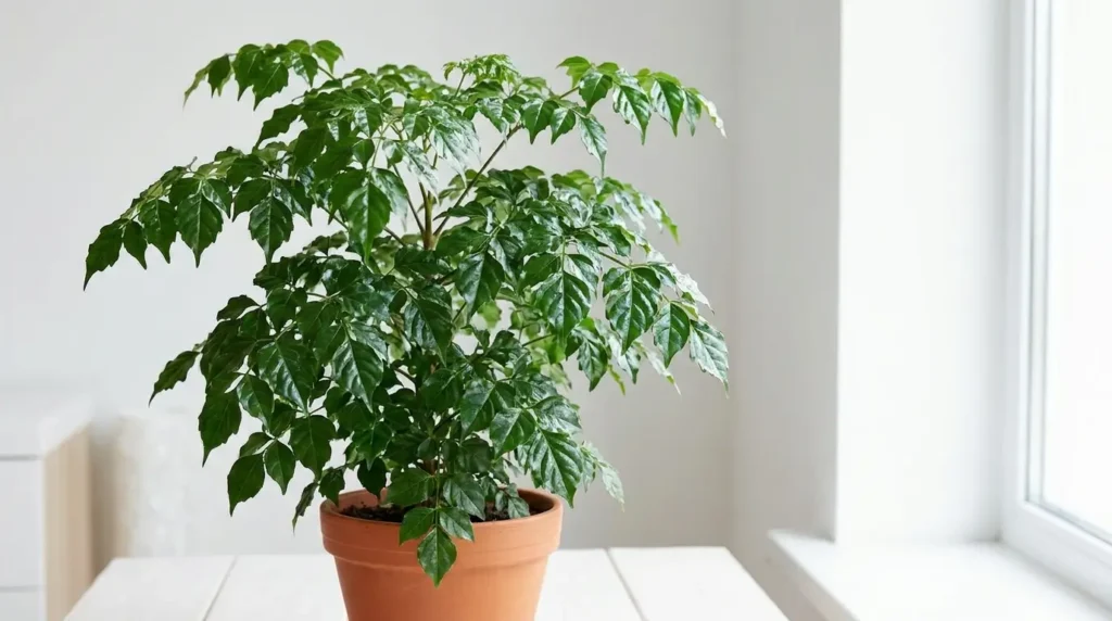 Healthy china doll plant with glossy emerald-green leaflets in a terracotta pot near a bright window indoors