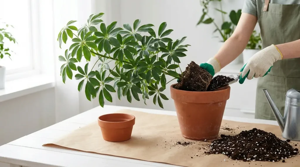 Gardener repotting a lush tropical houseplant with glossy compound leaves into a larger terracotta pot with fresh well-draining potting mix