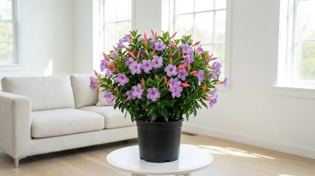 Dipladenia plant with purple lavender flowers and pink buds in a modern living room