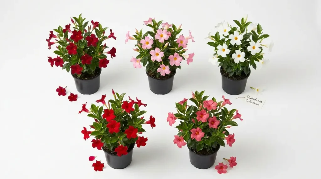 Five dipladenia plant varieties displayed together showing red, pink, white, crimson and rose flower colors