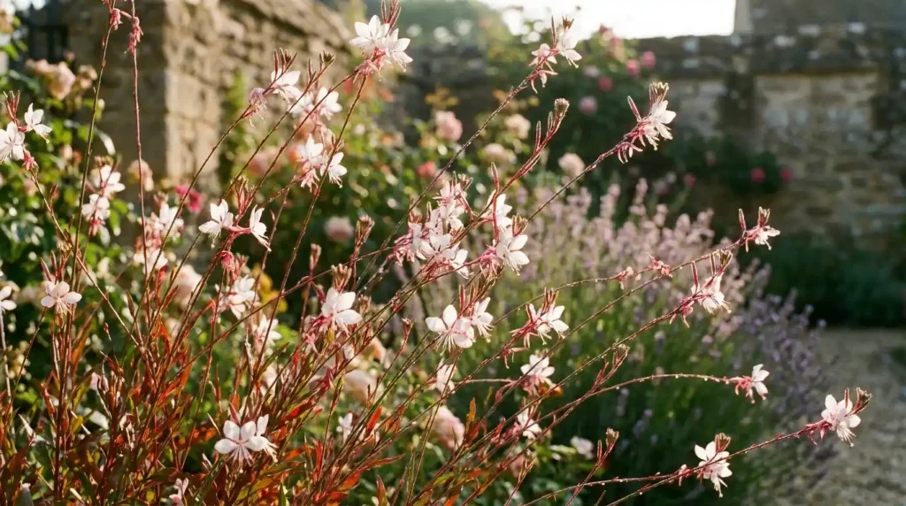 Gaura plant in full bloom with delicate pink and white flowers on wiry stems in a cottage garden