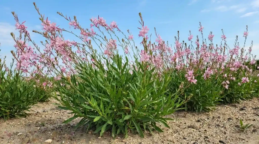 Healthy flowering perennial growing in well-draining sandy soil with pink blooms and lance-shaped green leaves