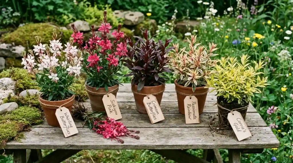 Different gaura plant types and cultivars including Whirling Butterflies, Siskiyou Pink, and Crimson Butterflies displayed in a garden setting
