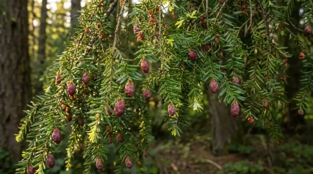 Hemlock tree with feathery green needles and drooping branches in a woodland garden setting