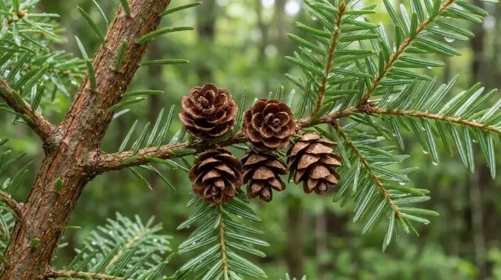 Close-up of hemlock tree needles showing deep green color with silvery-white undersides and small brown cones