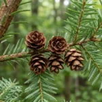 Close-up of hemlock tree needles showing deep green color with silvery-white undersides and small brown cones