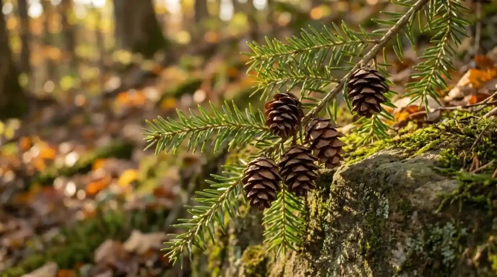 Close-up of flat dark green conifer needles with silvery-white undersides and small pale brown egg-shaped cones on drooping branches