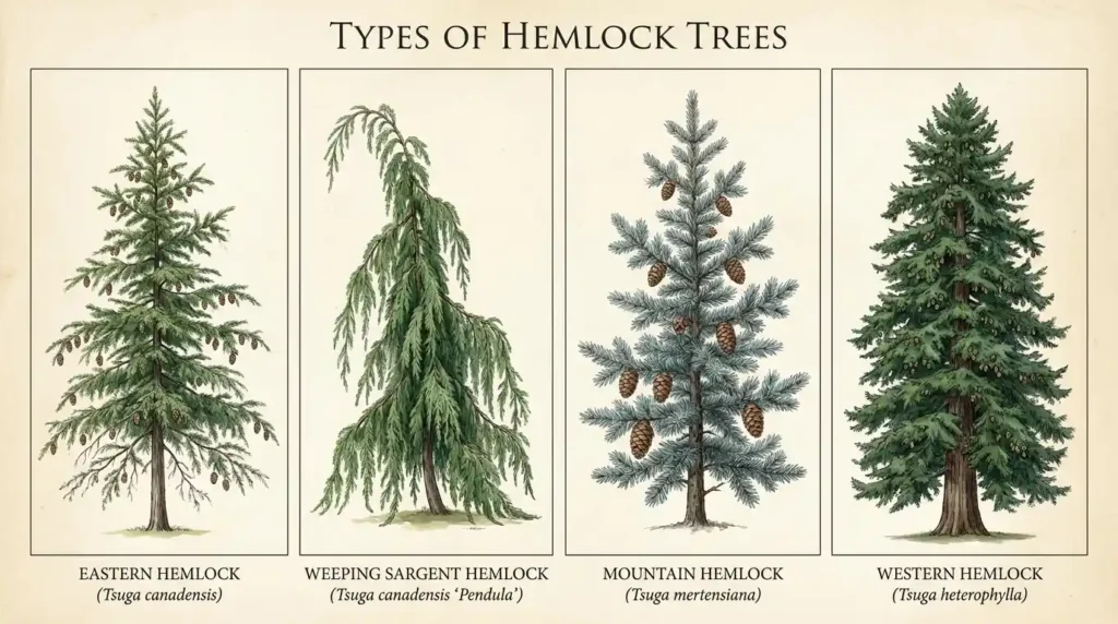 Four hemlock tree varieties including eastern hemlock, weeping hemlock, mountain hemlock and western hemlock shown side by side