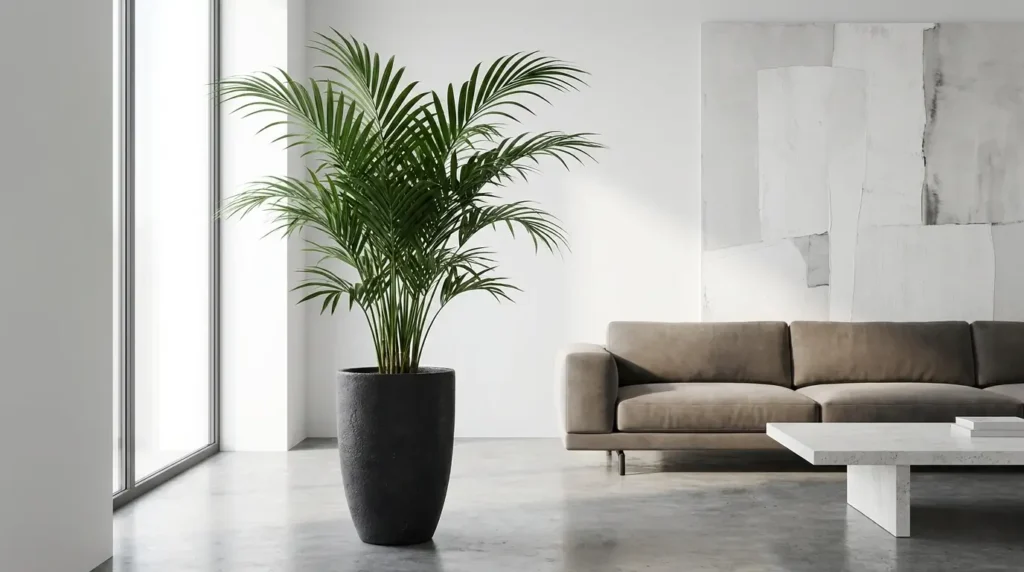 Kentia Palm in a tall dark charcoal pot in a bright modern minimalist living room