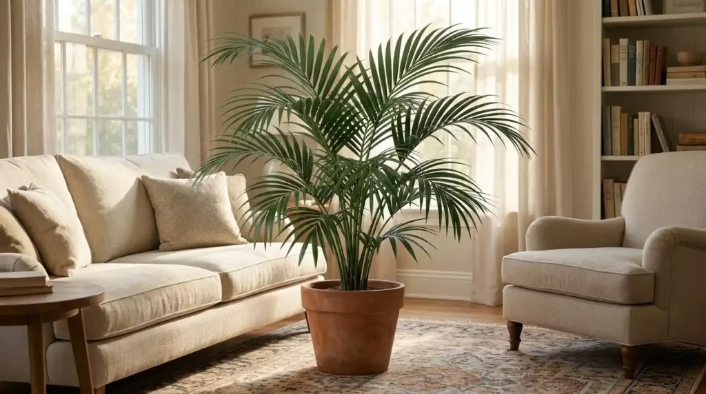Howea plant in a beige pot in a bright Scandinavian living room with natural daylight
