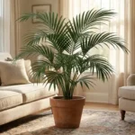 Howea plant in a beige pot in a bright Scandinavian living room with natural daylight