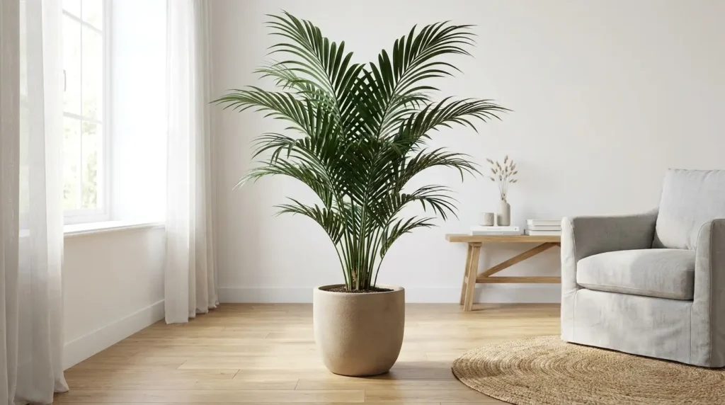 Single howea plant in a beige pot on oak floor in a bright Scandinavian living room