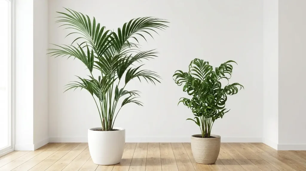 Two types of howea plant side by side — Kentia Palm and Curly Palm in a bright indoor setting