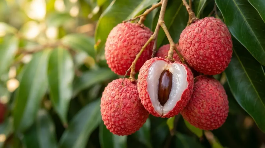 Ripe tropical fruit split open on a branch revealing translucent white flesh and smooth brown seed
