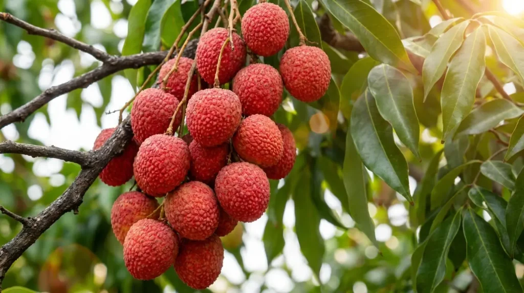 Single heavy cluster of ripe bright red lychee fruits hanging from a lychee tree branch