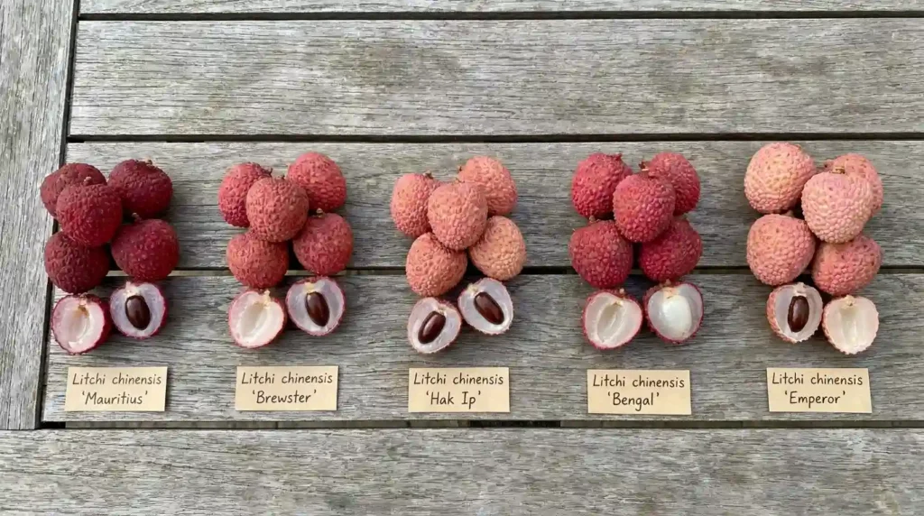 Five different lychee tree varieties displayed side by side showing size and color differences