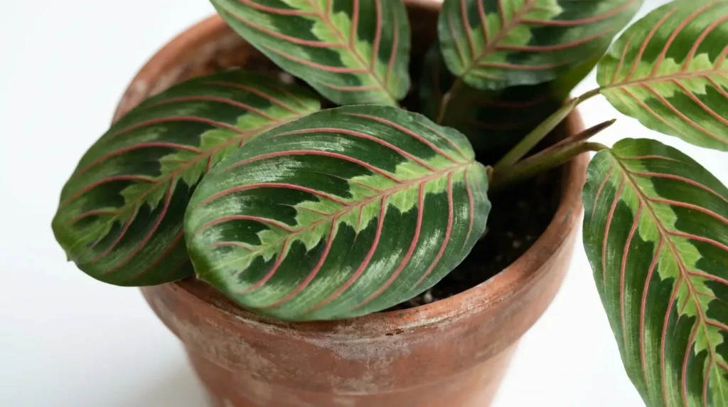 Maranta plant with dark green leaves and red veins in a terracotta pot