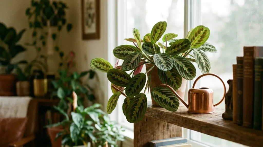 Maranta plant on a wooden shelf near a window with a small watering can