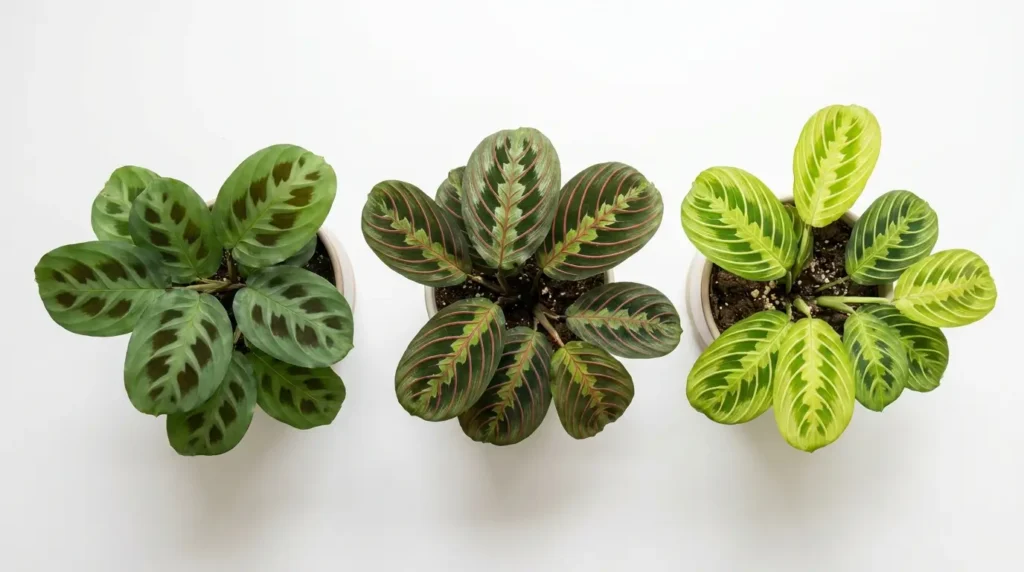 Three maranta plant varieties side by side green prayer plant, red prayer plant, and Lemon Lime maranta