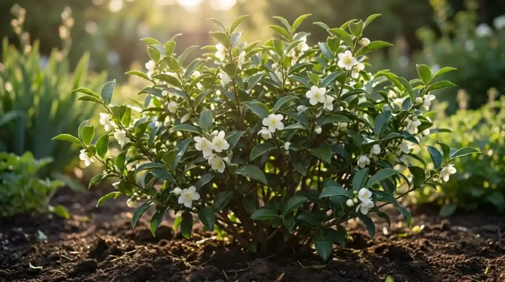 Mature evergreen shrub with small white flowers and glossy green leaves growing in a garden