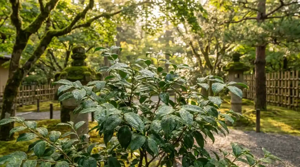 Matcha plant (Camellia sinensis) with glossy green leaves growing in a shaded garden