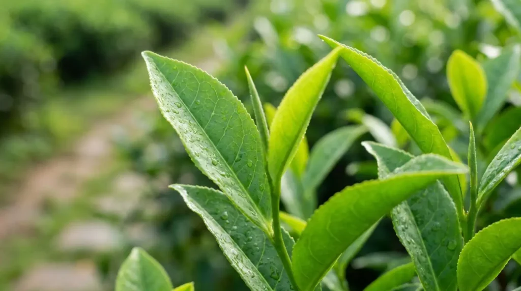 Close-up of fresh matcha plant leaves showing vibrant emerald green color and leaf texture