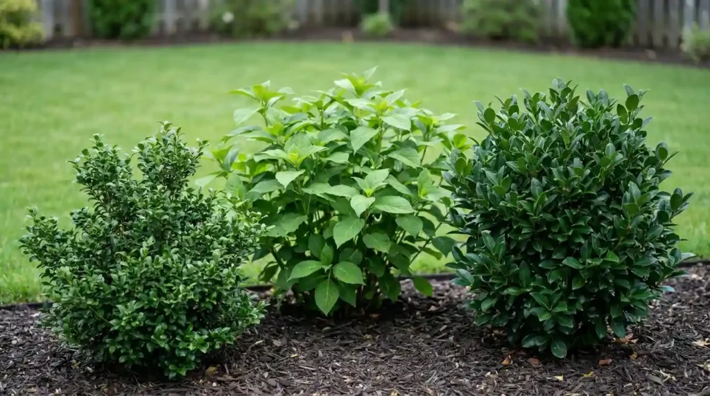 Three types of matcha plant (Camellia sinensis) shrubs showing different leaf sizes and varieties in a garden