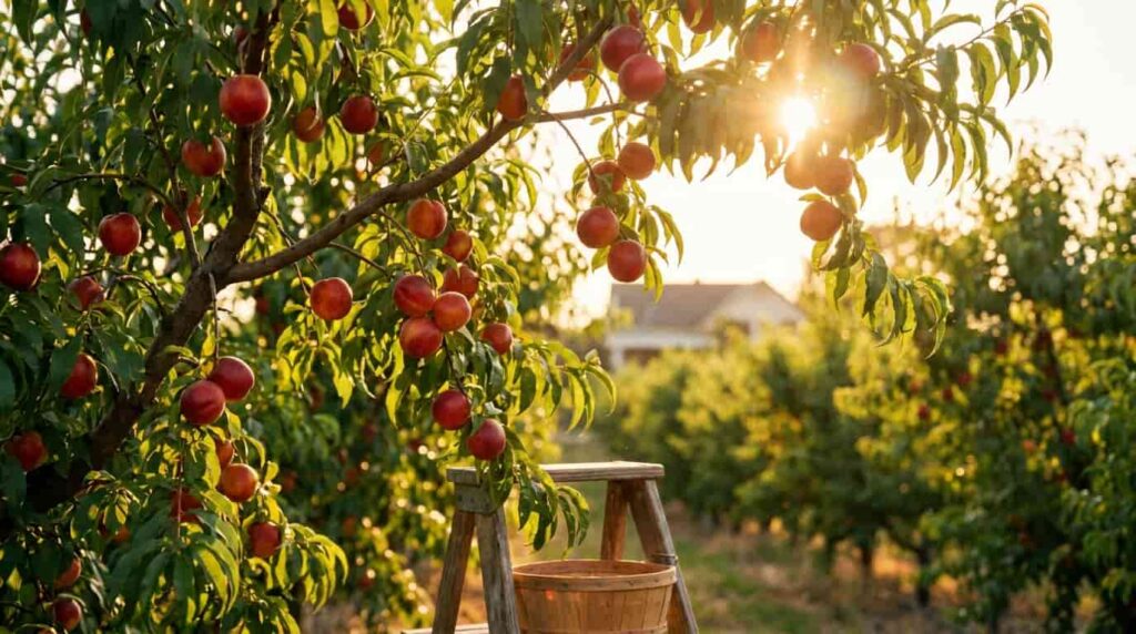 Sun-drenched nectarine tree in a home orchard at golden hour with ripe red and orange fruit
