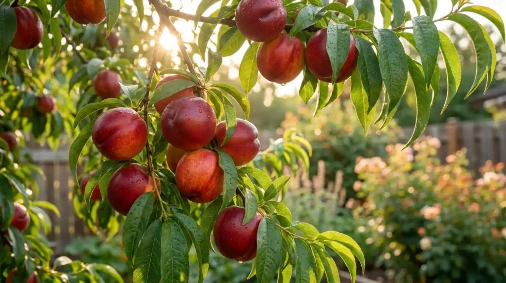 Ripe nectarines growing on a nectarine tree branch in a sunny backyard garden
