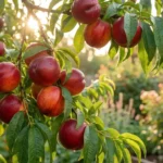 Ripe nectarines growing on a nectarine tree branch in a sunny backyard garden