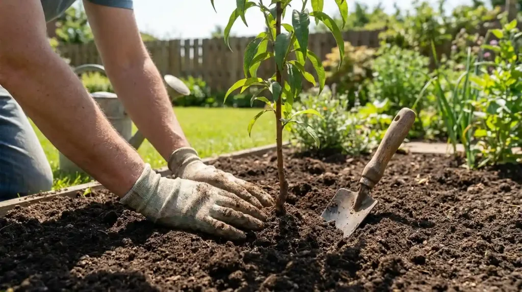 Gardener planting a young nectarine tree sapling in well-draining loamy garden soil