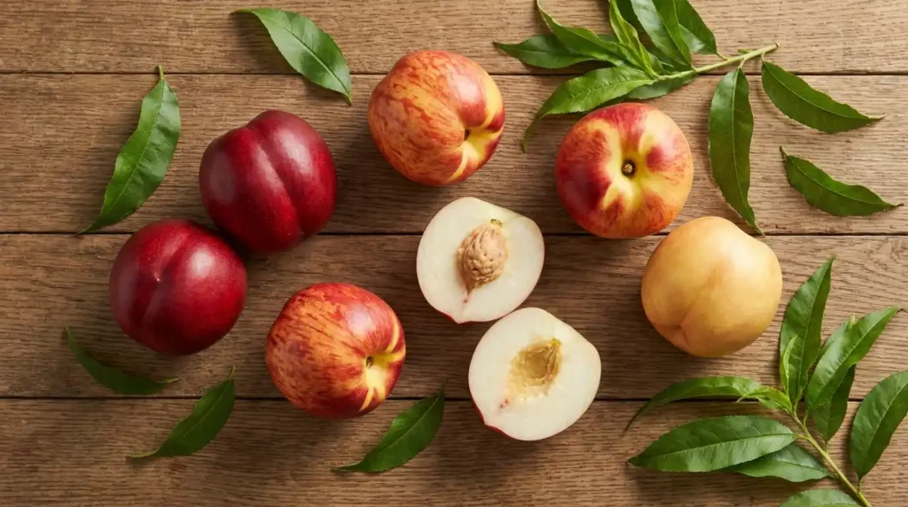 Six nectarine tree varieties including Hardired, Flavortop, Arctic Star and Fantasia displayed on a wooden surface