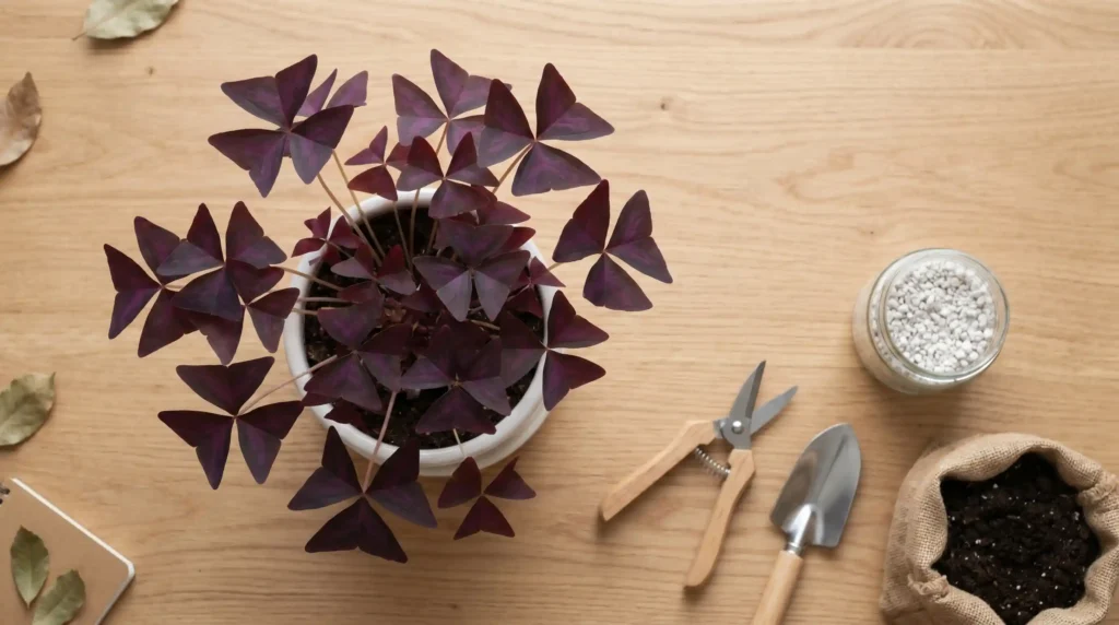 Oxalis love plant top view with purple leaves in white pot on wooden surface with potting soil
