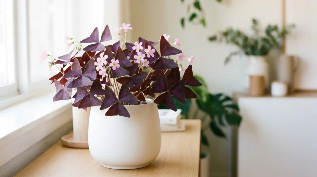 Oxalis love plant in a white pot on a bright windowsill with deep purple leaves and pink flowers
