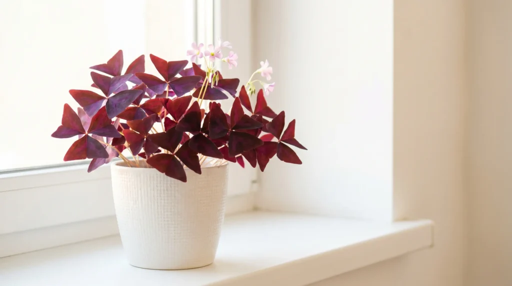 Potted Oxalis triangularis in a white ceramic pot on a bright windowsill with deep purple butterfly-shaped leaves and pink flowers
