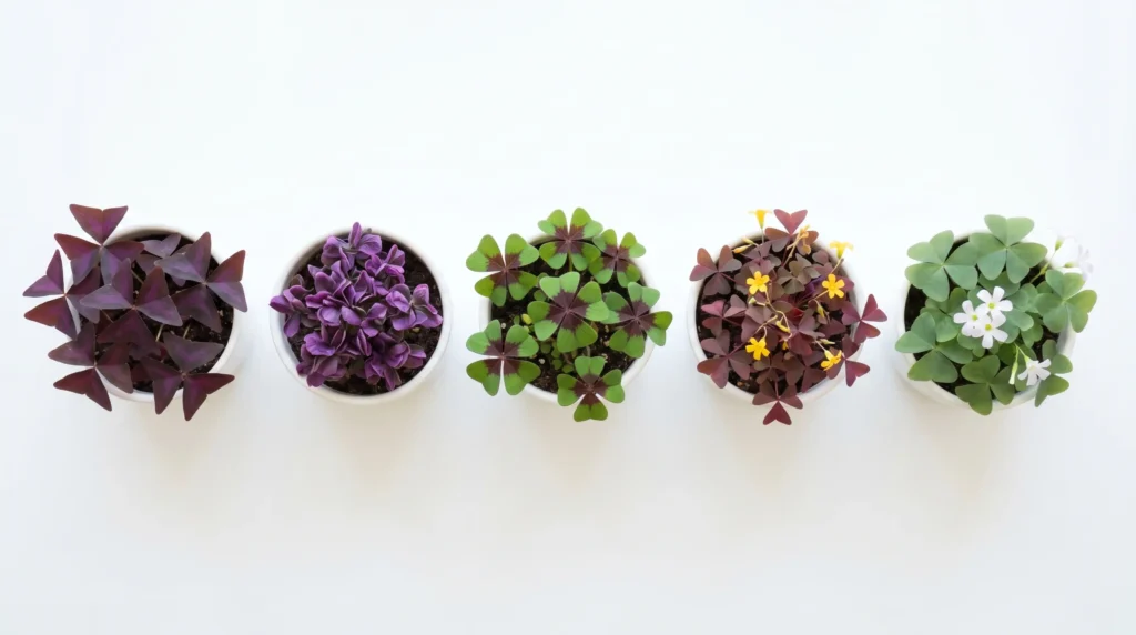Five types of oxalis love plant varieties displayed in white pots showing different leaf colors and patterns