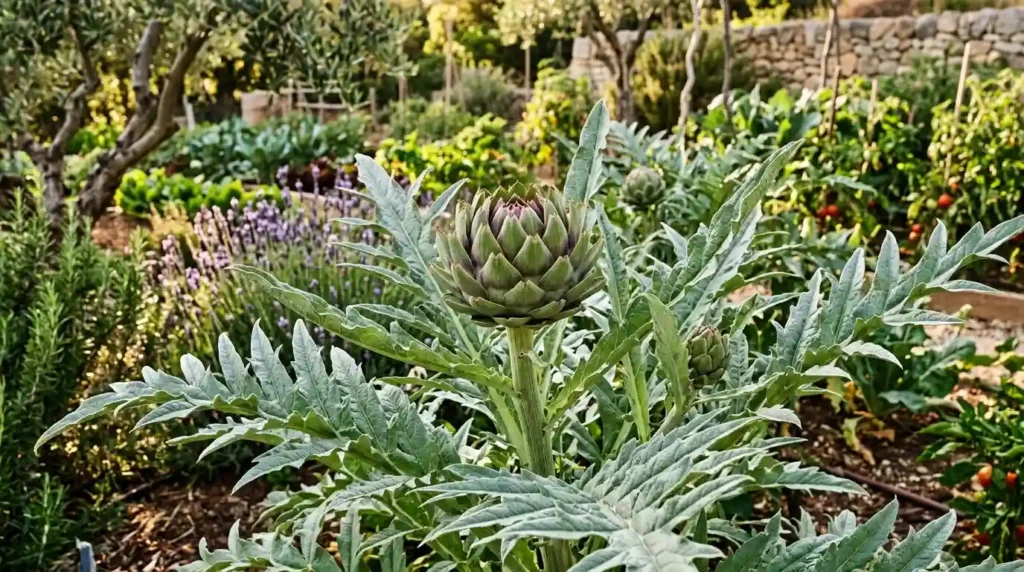 Bold architectural perennial with large silvery lobed leaves and a round thistle bud in a Mediterranean garden
