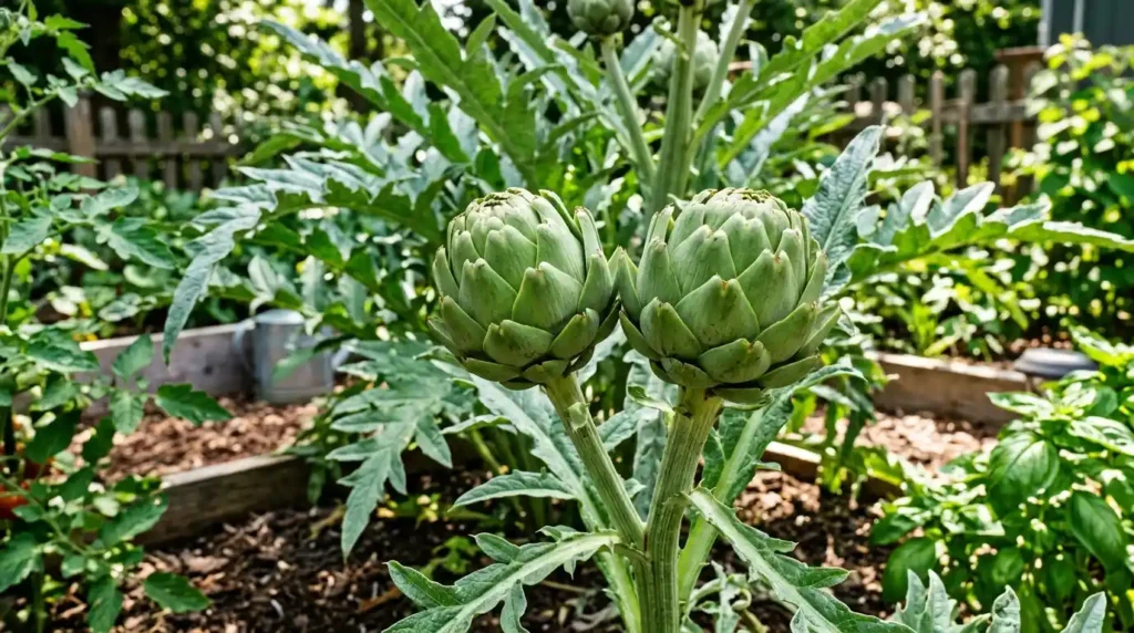 Artichoke plant with silvery-green leaves and large edible flower bud growing in a sunny garden