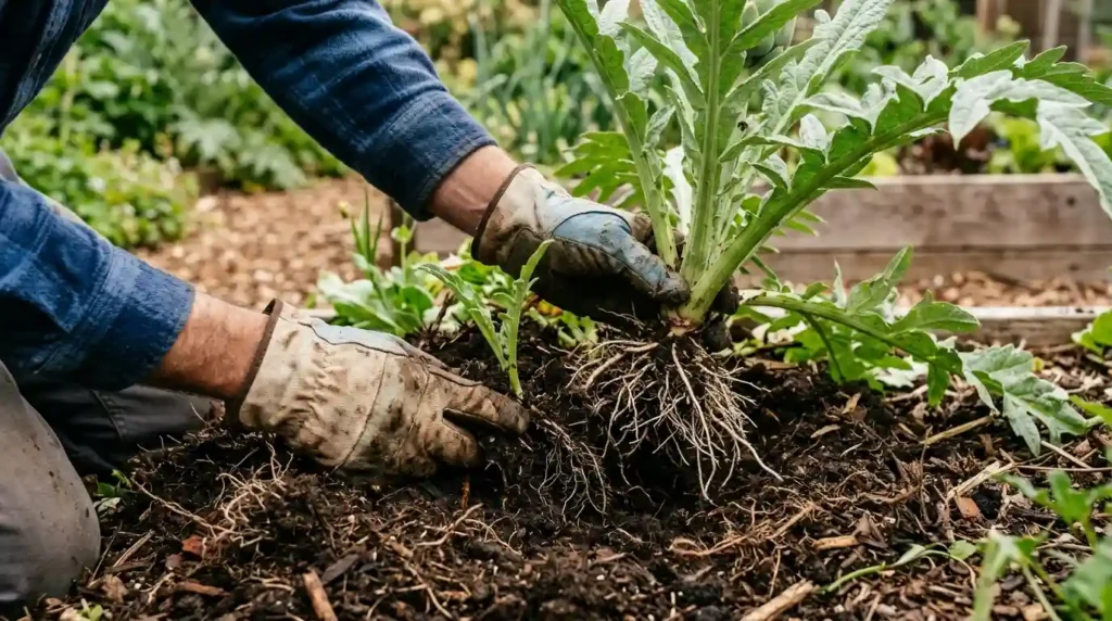Gardener dividing artichoke plant suckers at the base for propagation in a garden bed