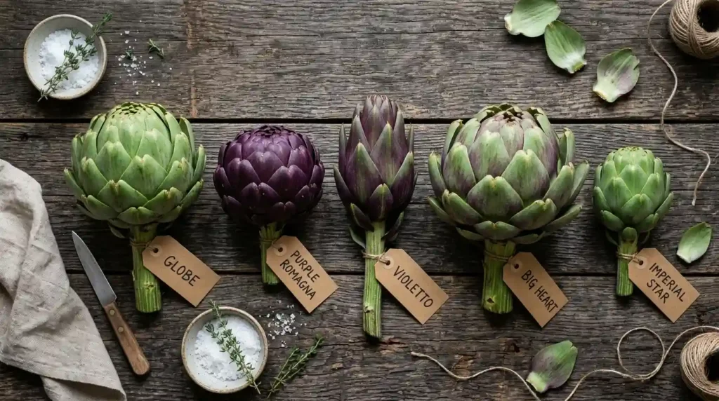 Five artichoke plant varieties including Green Globe, Purple of Romagna and Violetto arranged on rustic wood