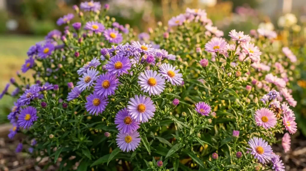 Purple and pink aster flowers blooming in a garden bed, an example of healthy aster flower care