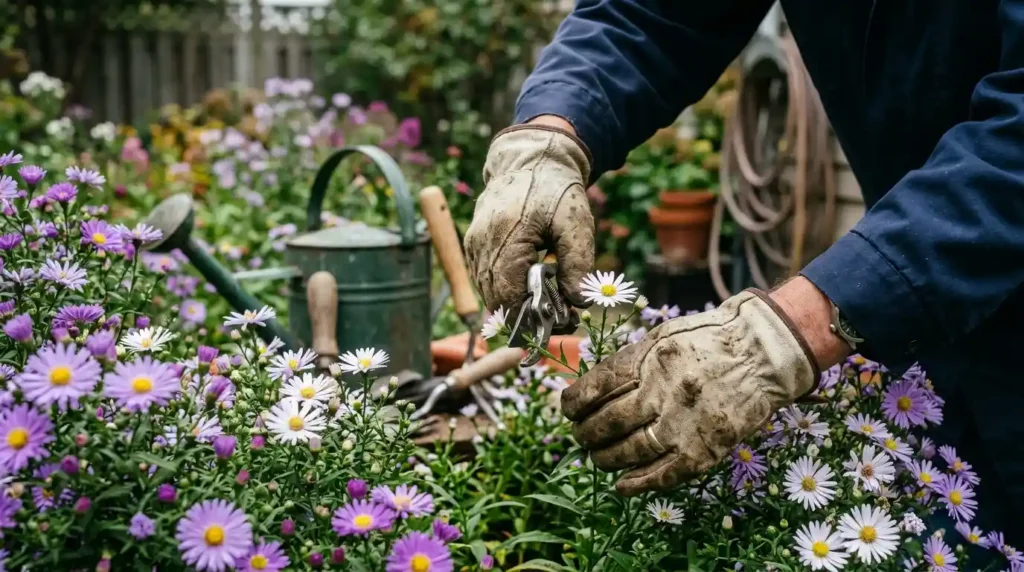Gardener pruning purple aster flowers by hand as part of routine aster flower care