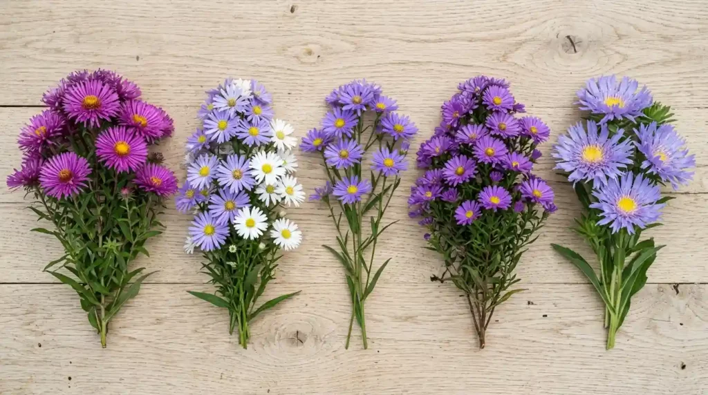 Five aster flower varieties arranged side by side, showing options to consider for aster flower care