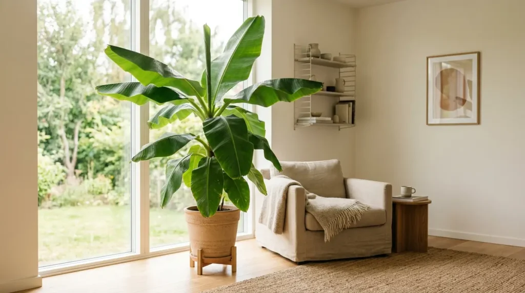 Banana leaf plant with large green leaves growing indoors near a bright window