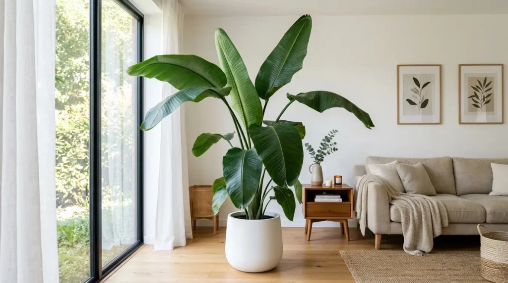 Banana leaf plant with large tropical green leaves growing indoors in a bright modern living room
