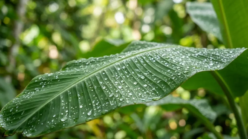 Close-up of large green banana leaves with water droplets on the surface