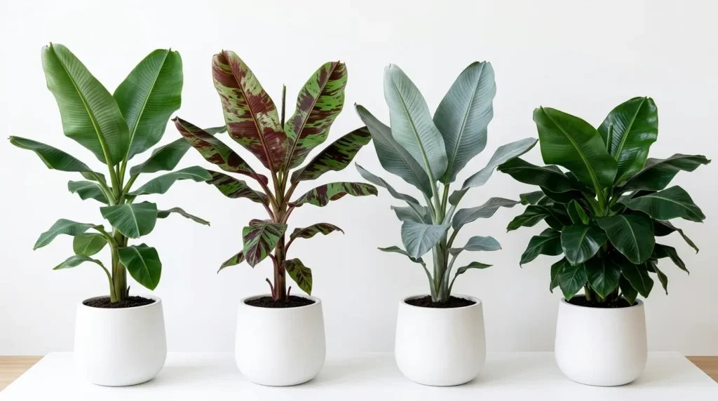 Four banana leaf plant varieties side by side showing different leaf colors and sizes