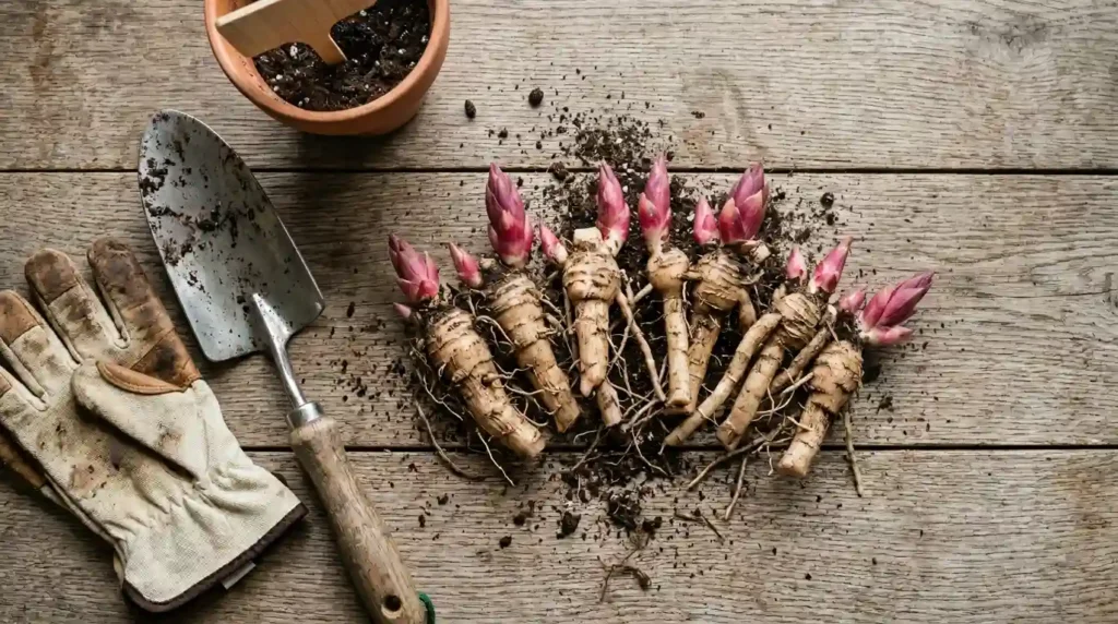 Shade perennial roots being separated for propagation in spring, showing pink growth buds on fleshy root sections