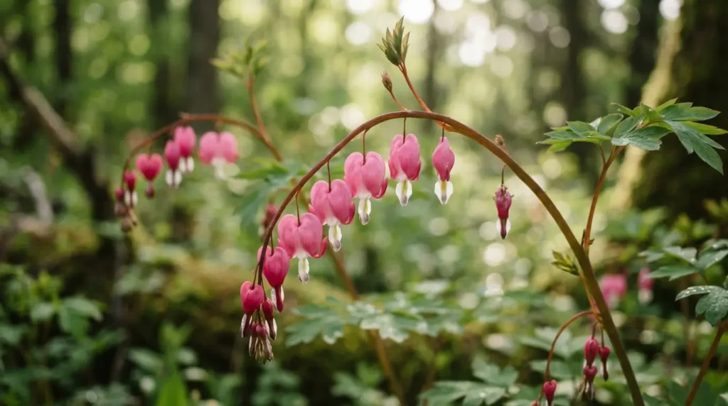 Close-up of a bleeding heart plant with pink heart-shaped flowers hanging from arching stems in dappled shade